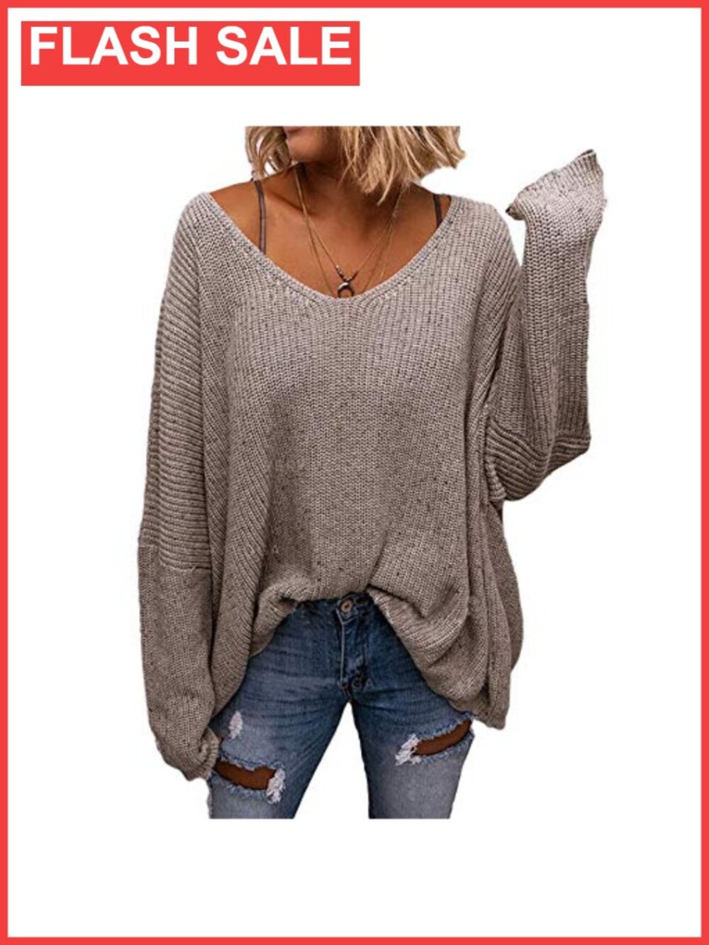 Waffle Knit V-Neck Oversized Pullover Sweater Long Sleeve Apricot Top
